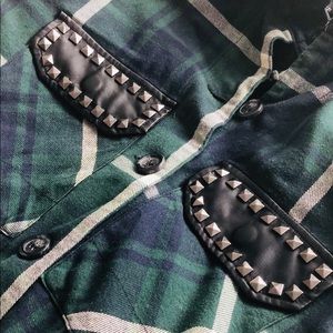 Vegan leather studded flannel shirt
